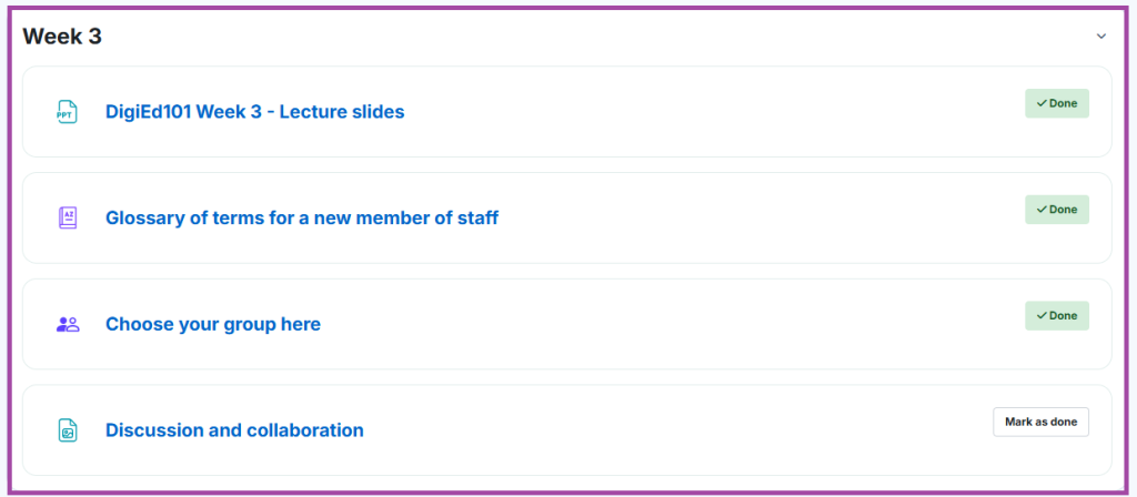 Screenshot of a main course page (a section highlighted) on the Open Learning Platform.