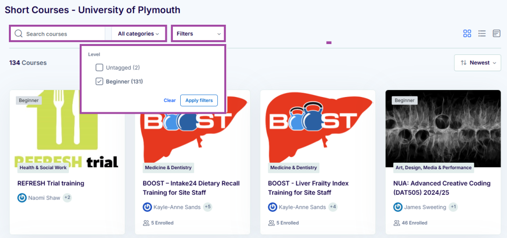Screenshot of the ‘Categories’ page (search and filters highlighted) on the Open Learning Platform.