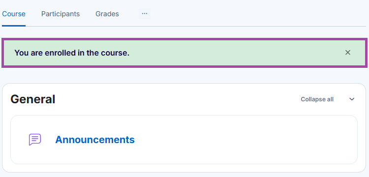 Screenshot of the enrolment confirmation message in a green box (highlighted) on the Open Learning Platform.