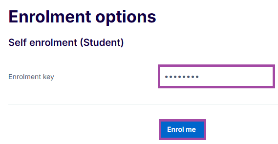 Screenshot of self-enrolment (’Enrolment key’ field and ‘Enrol me’ button highlighted) on the Open Learning Platform.