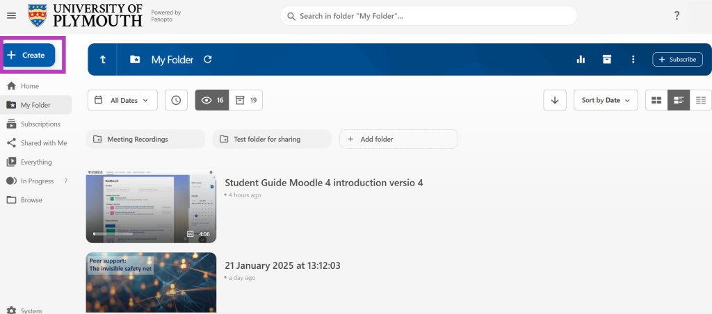 Screen shot of Panopto ‘My Folder’ with ‘Create’ button highlighted.