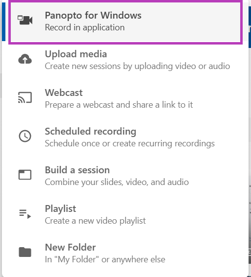 ‘Panopto for windows’ highlighted within Panopto function menu.