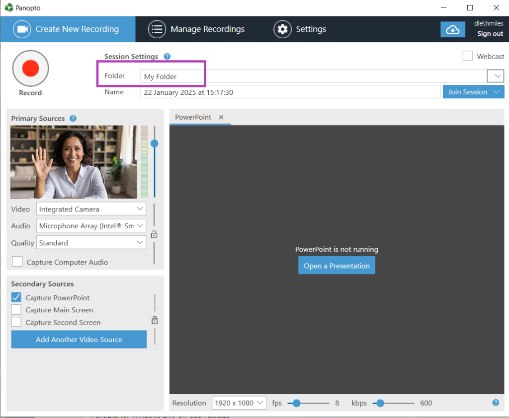 Screen shot of Panopto recording window. Folder window highlighted.