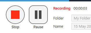 Screen shot of the ‘stop’ and ‘pause’ buttons and recording time.
