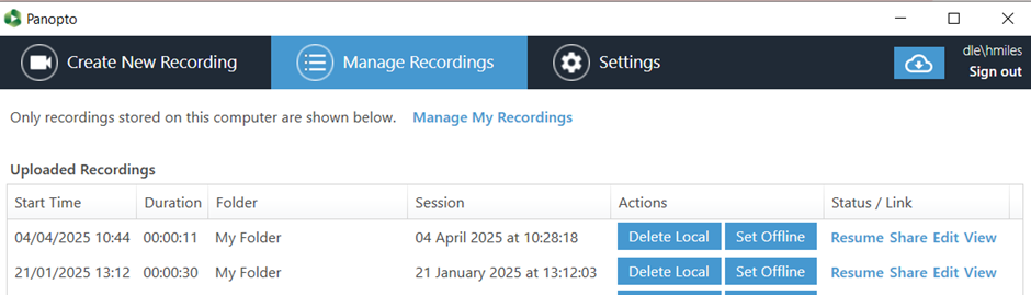 Screen shot of the Panopto ‘manage recordings’ folder.