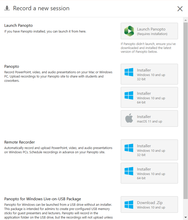 Screen shot of Panopto installation options.