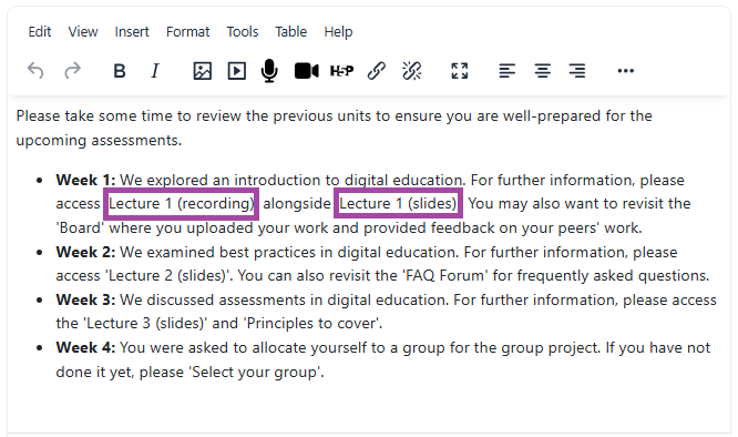 Screenshot of auto-linking materials in a text box.