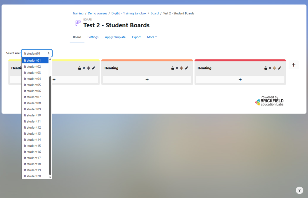 Screenshot of single user mode, with student boards visable in drop down menu.