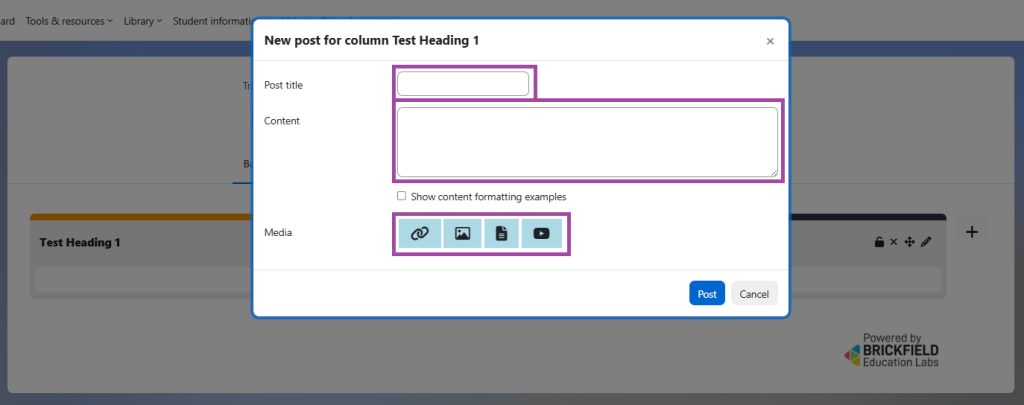 Screenshot showing the new post with post title, content and media highlighted.