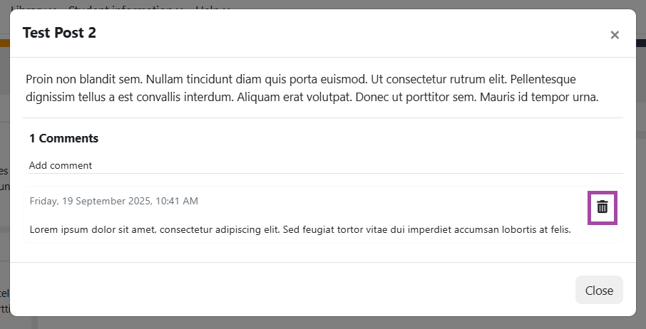 Screenshot of post with deletion / dustbin icon.