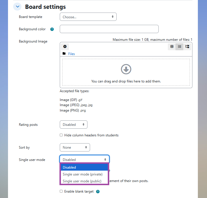 Screenshot of Board settings with the ‘Single user mode’ highlighted.