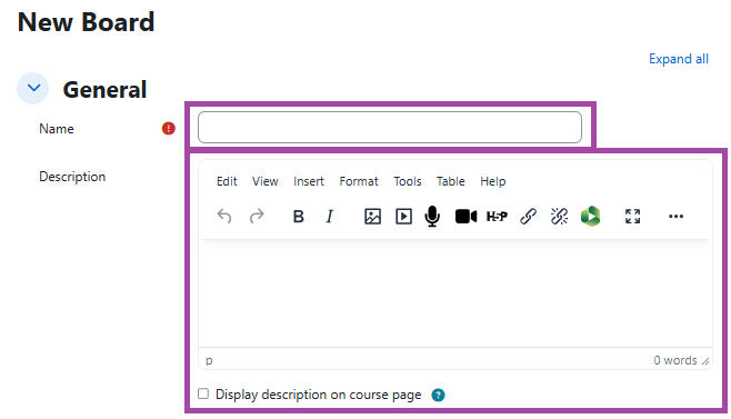 Screenshot of the general settings with the Board activity.
