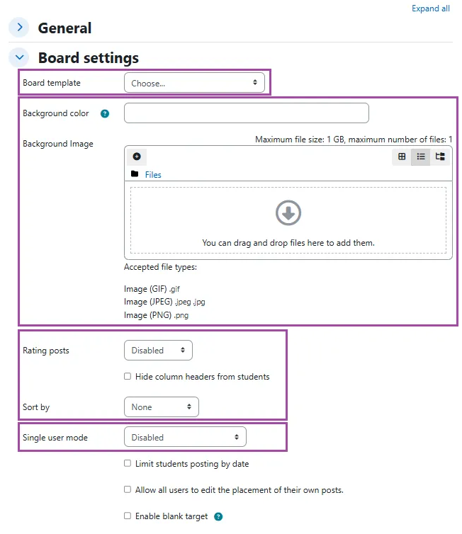 Screenshot of Board settings