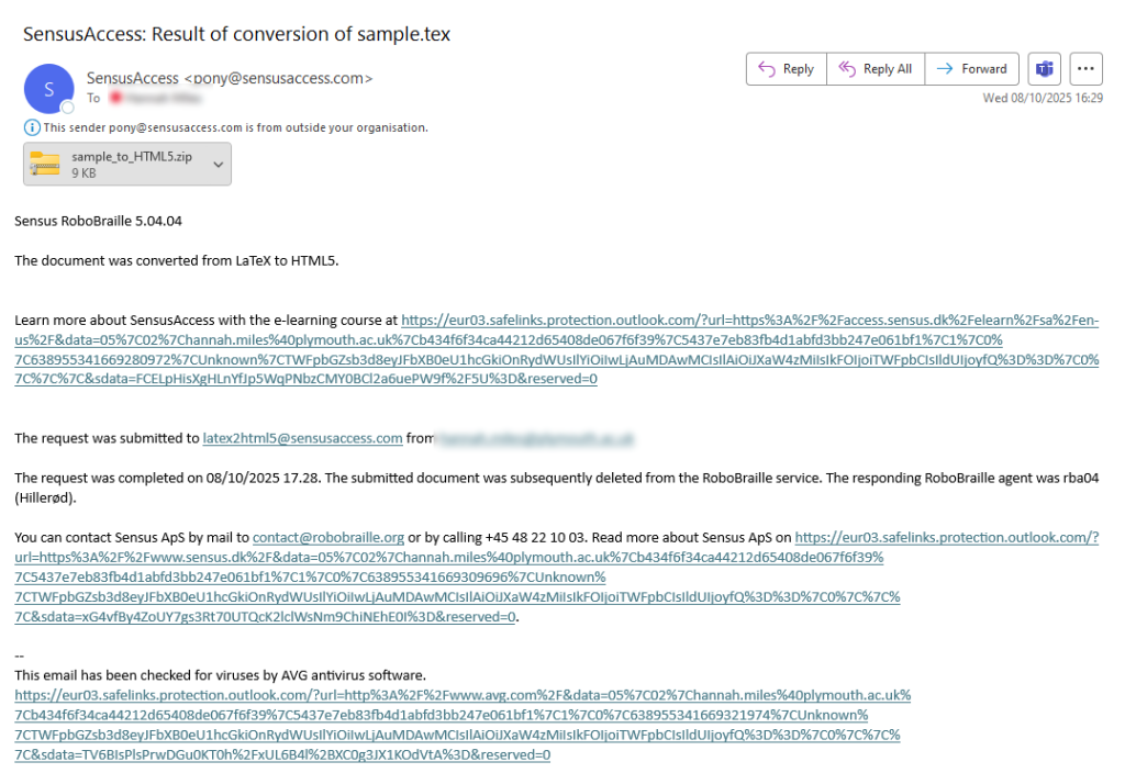 Screen shot of email containing HTML5 file conversion