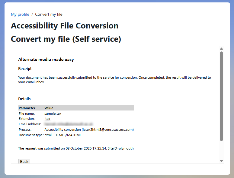 Screen shot of file conversion window submission receipt