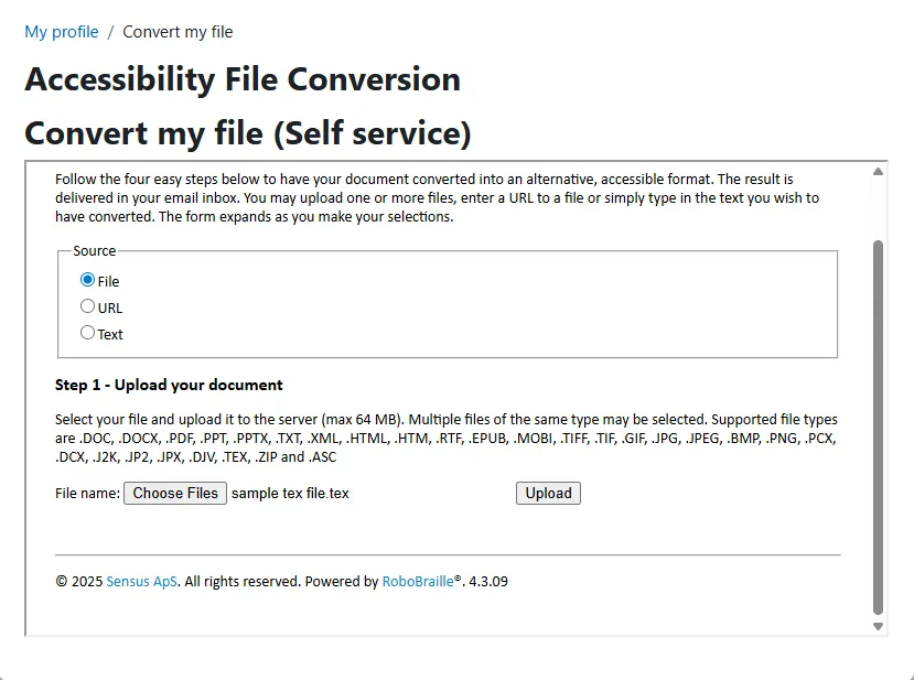 Screen shot of file conversion window Step 1
