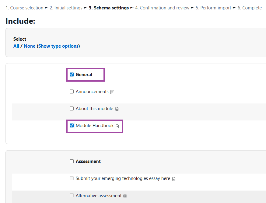 Screenshot of a course content during import (highlighted: ‘General’ section and ‘Module handbook’ resource).