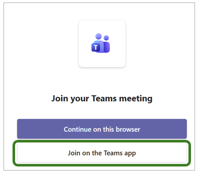 The teams meeting joining pop up with the' Join on the Teams app' option highlighted.