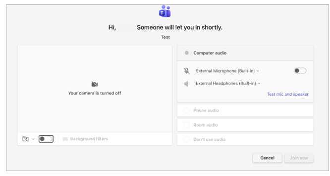 The Teams pre-joining window where you can change your camera and microphone settings before joining the meeting.