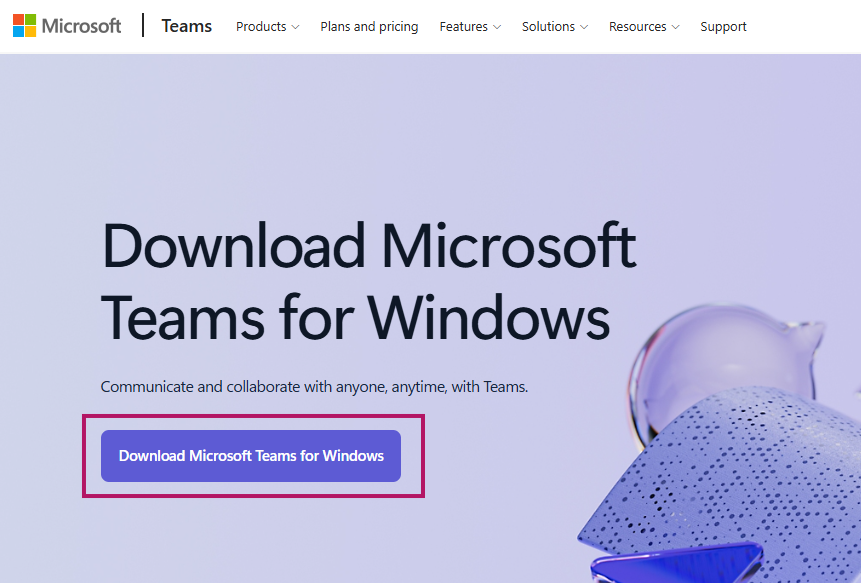 The MS Teams download page with the download button highlighted.